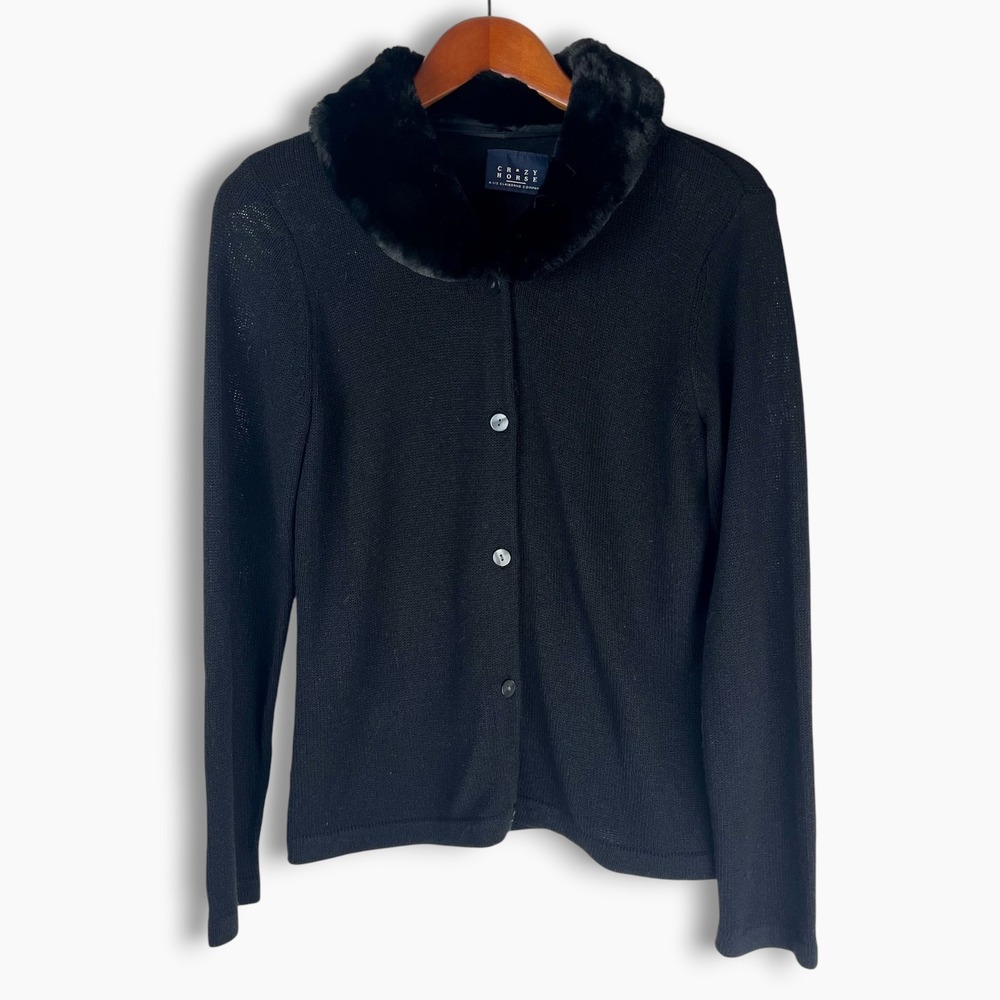 Crazy Horse Liz Claiborne Black Cardigan Sweater Detachable Faux Fur Collar M